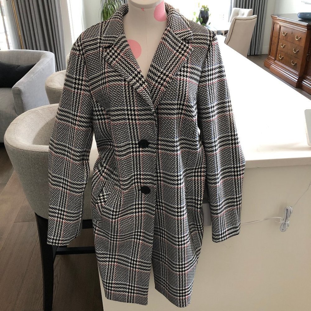 Sigrid Olsen New Fusion Plaid 2 Button Notch Collar Coat Blk White Red Sz 12 Nwt